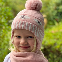 Beanie knitted Pink & White Hearts & Scarf - 1-6yrs