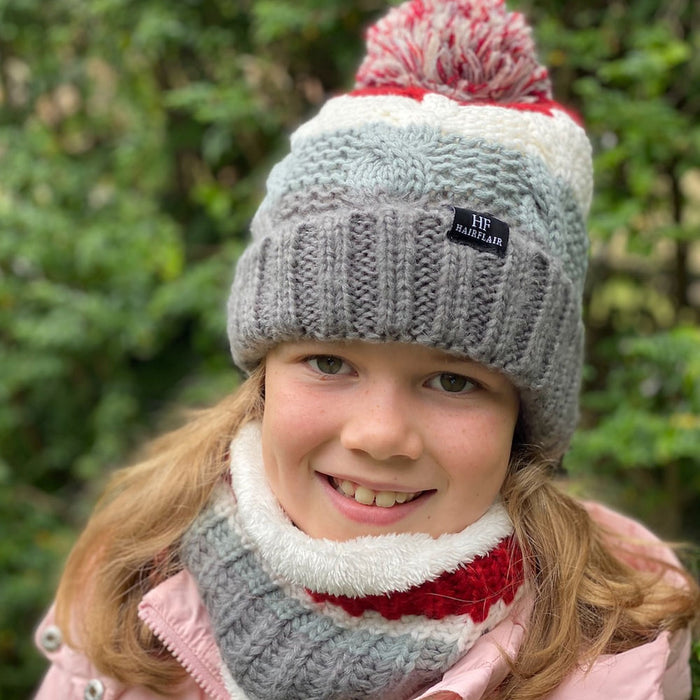 KIDS Beanie & Scarf - Unisex Stripe Grey 3-10yr