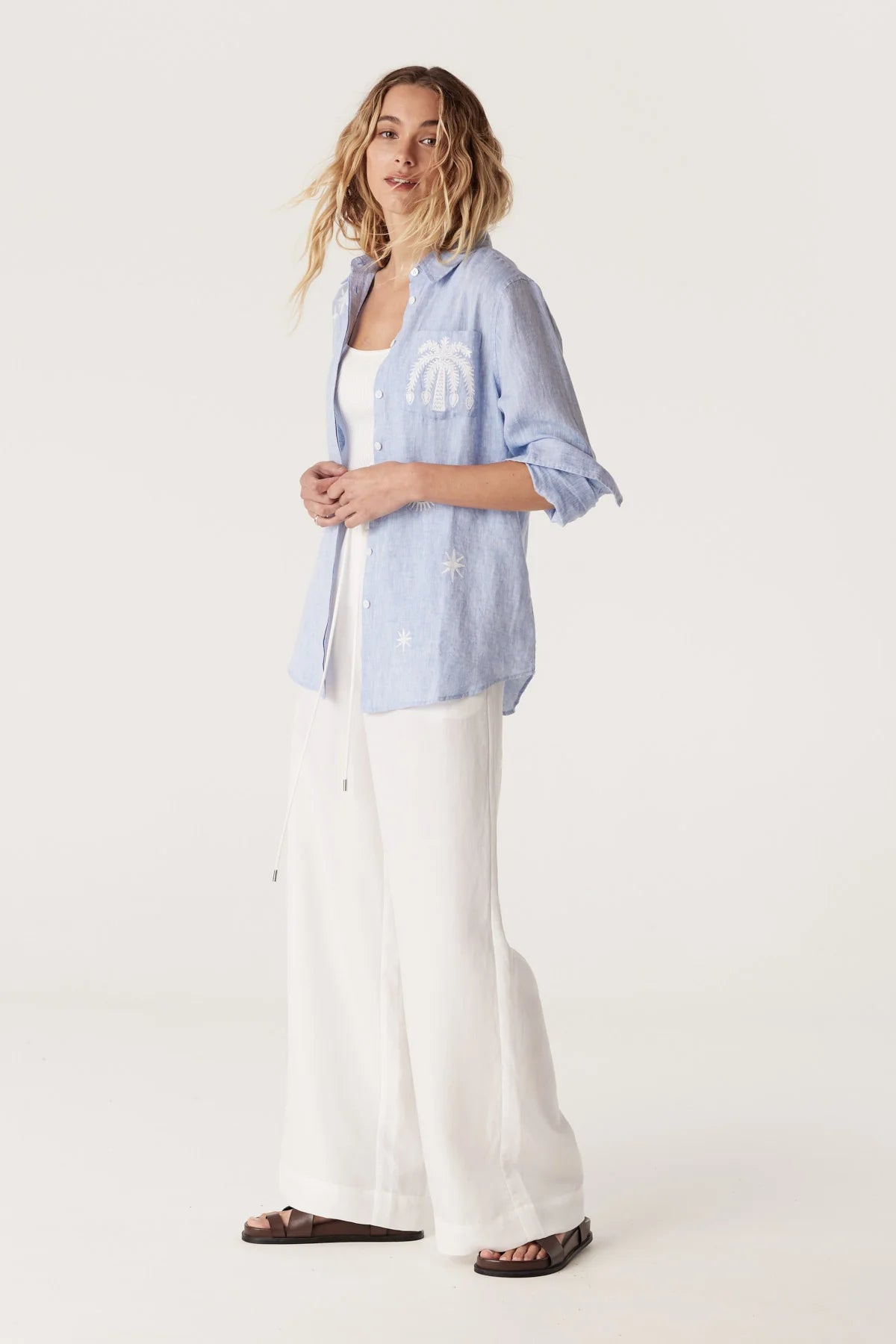 Cable - Palm Linen Embroidered Shirt - Blue Marle