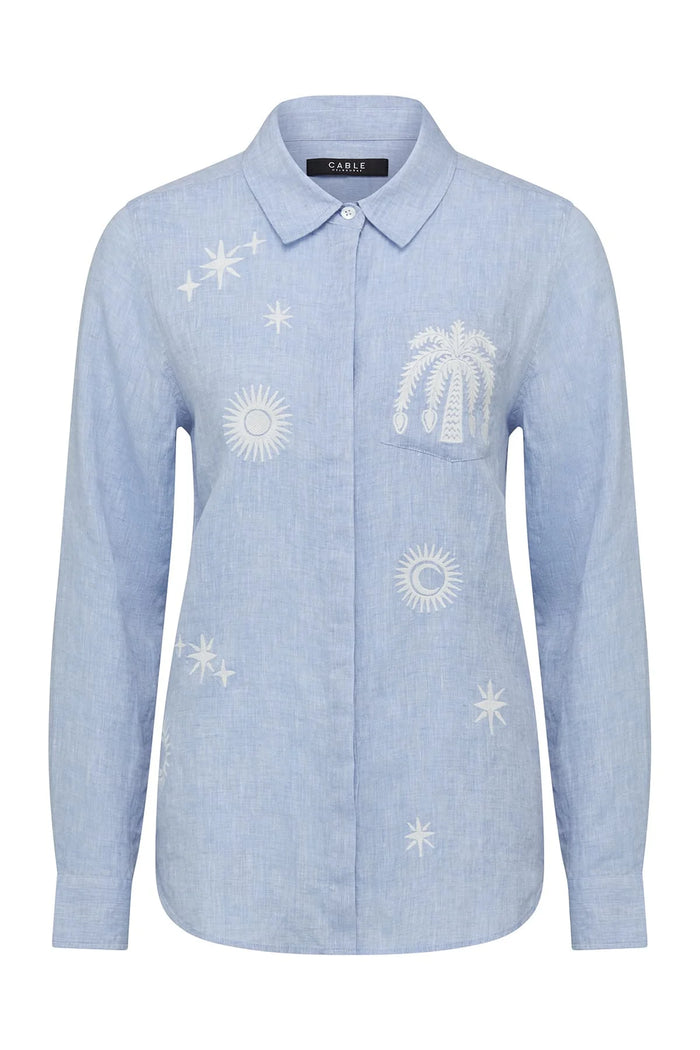 Cable - Palm Linen Embroidered Shirt - Blue Marle