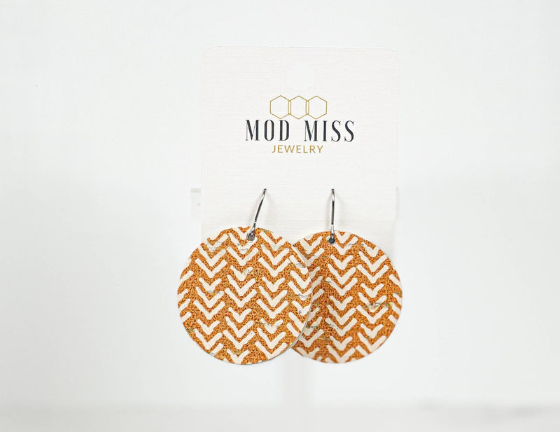 Mustard Chevron - Cork+Leather Round Earring