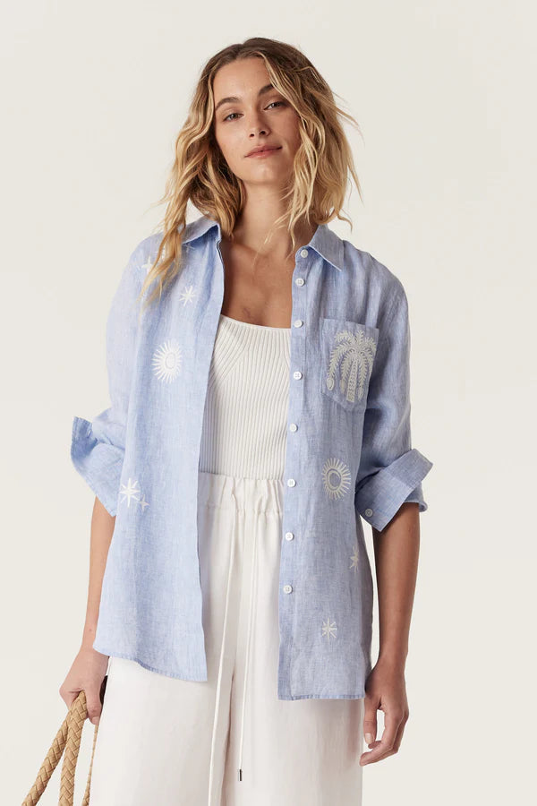 Cable - Palm Linen Embroidered Shirt - Blue Marle