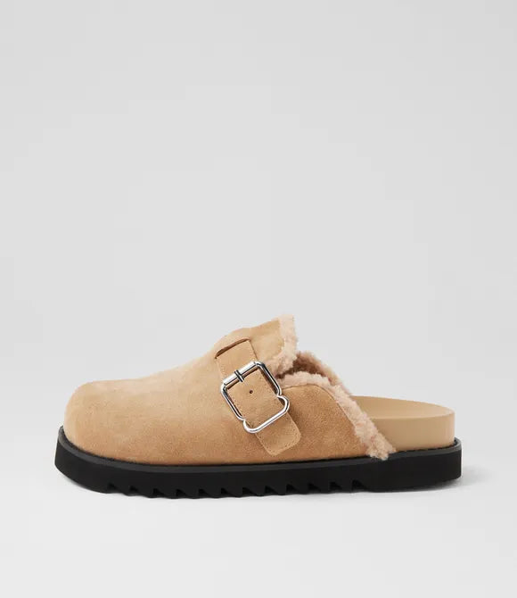 Mercha Camel Black Suede Mules