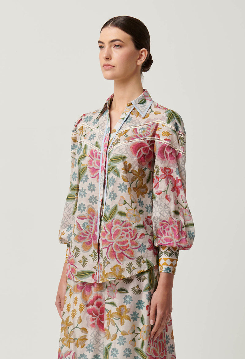 Once Was Wren Lace Cotton Slub Shirt in Azalea Fields