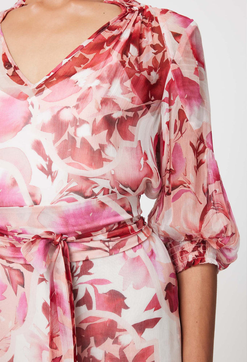 Once Was - Annabelle Viscose Chiffon Dress in Flamingo Flower