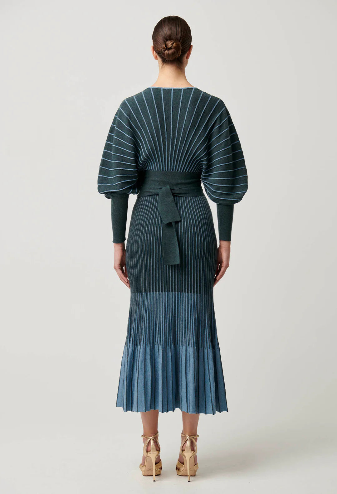 Once Was - Equinox Wool Cotton blend Ombre Stripe Knit Midi Dress in Bluestone