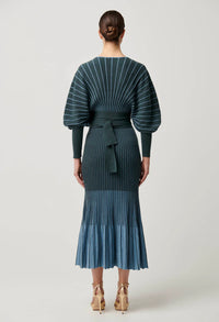 Once Was - Equinox Wool Cotton blend Ombre Stripe Knit Midi Dress in Bluestone