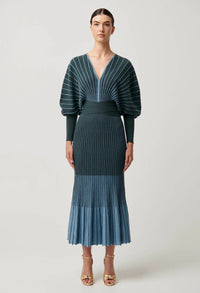 Once Was - Equinox Wool Cotton blend Ombre Stripe Knit Midi Dress in Bluestone