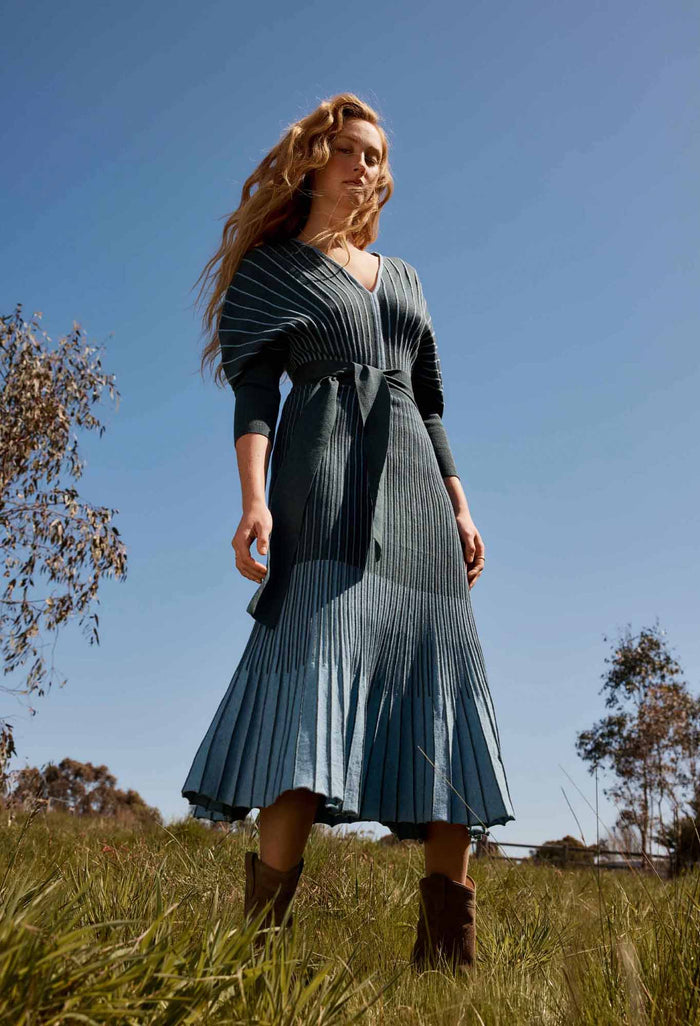 Once Was - Equinox Wool Cotton blend Ombre Stripe Knit Midi Dress in Bluestone