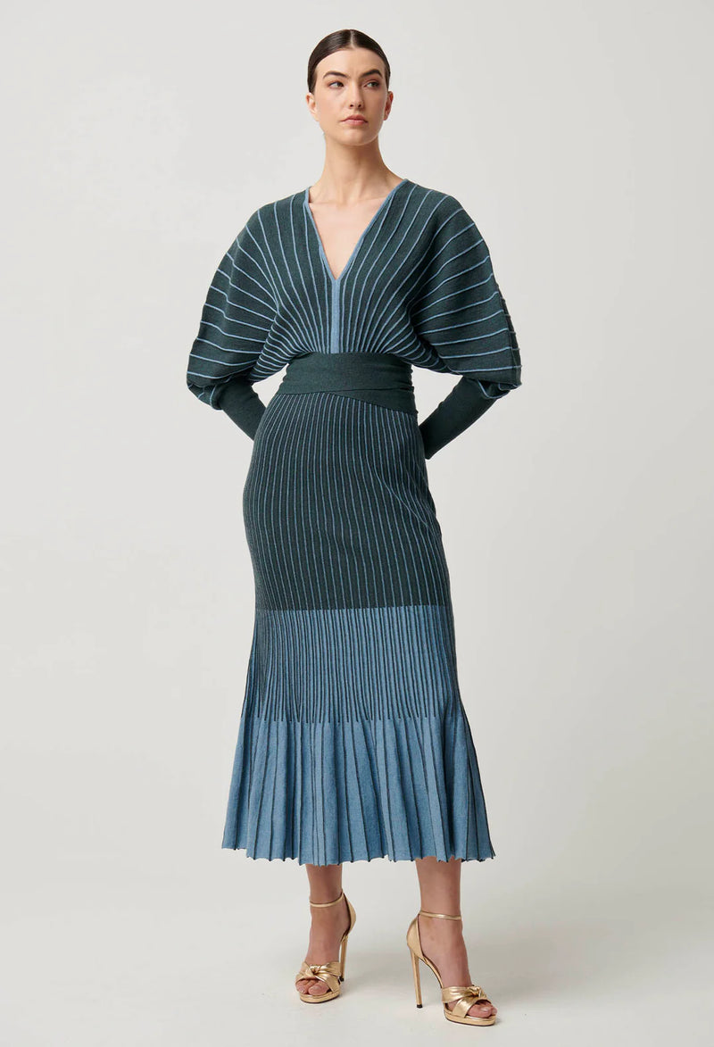 Once Was - Equinox Wool Cotton blend Ombre Stripe Knit Midi Dress in Bluestone