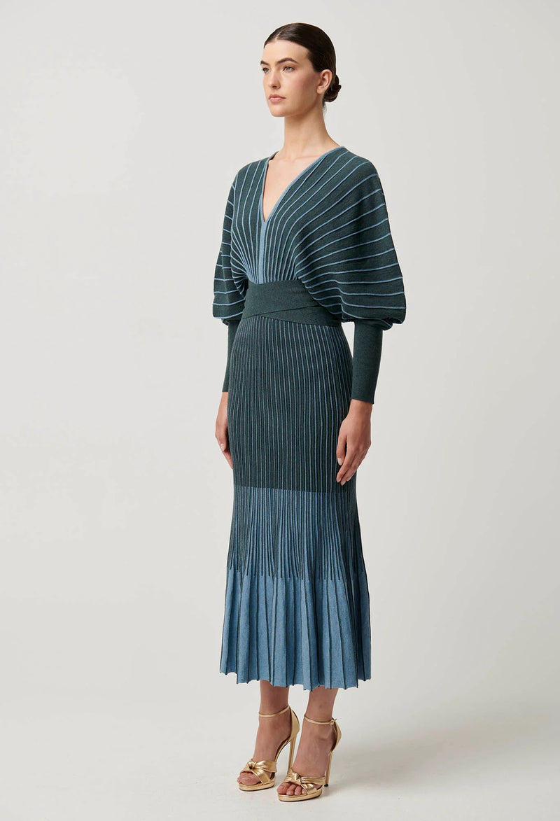 Once Was - Equinox Wool Cotton blend Ombre Stripe Knit Midi Dress in Bluestone