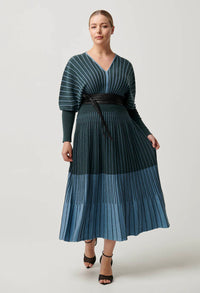 Once Was - Equinox Wool Cotton blend Ombre Stripe Knit Midi Dress in Bluestone