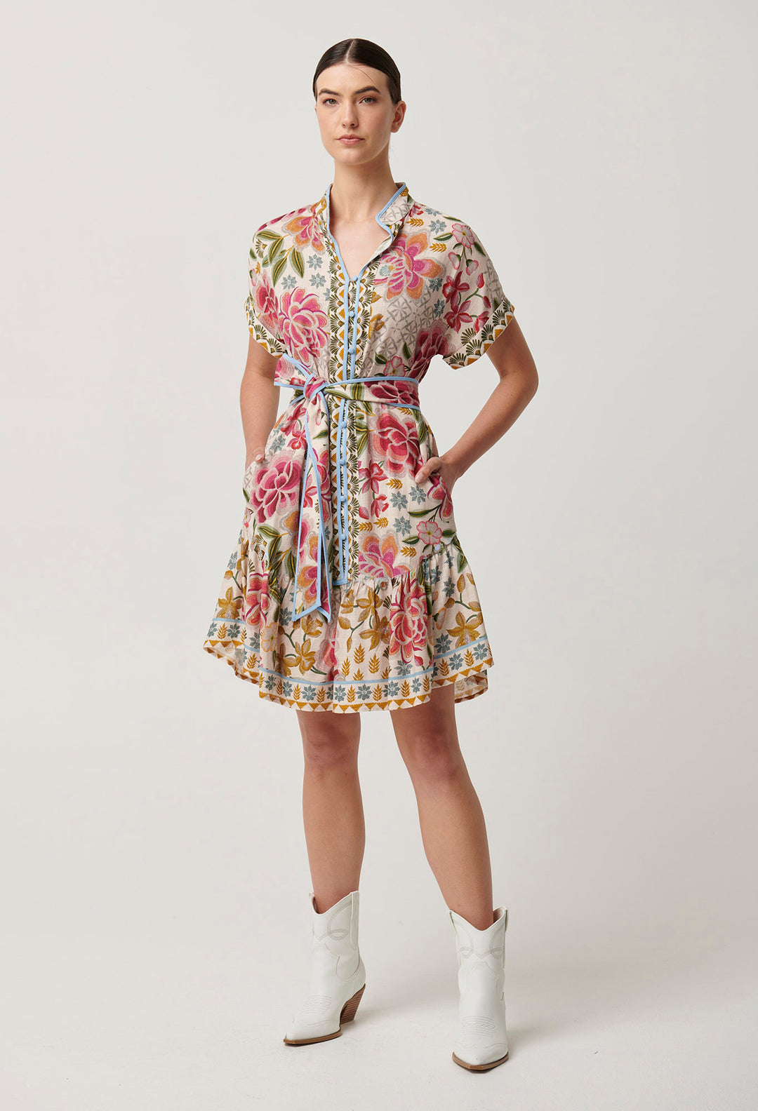 Once Was - Clementine Linen Viscose Shirt Dress in Azalea Fields