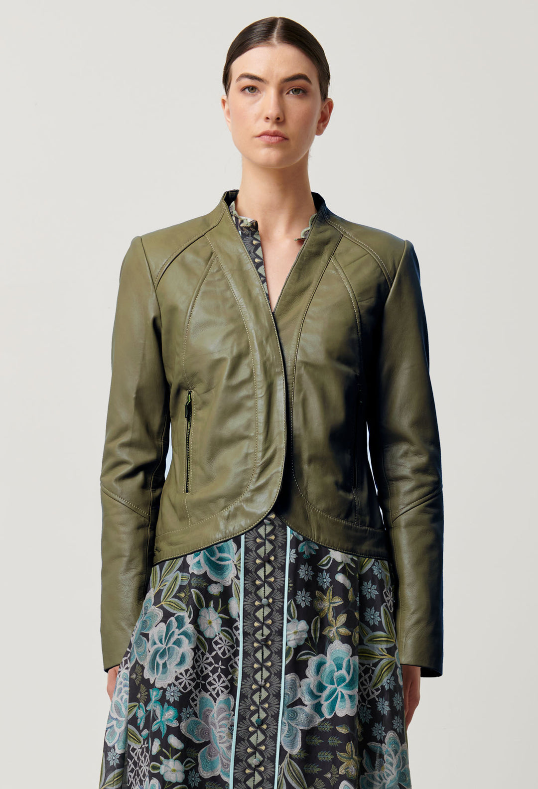 Once Was - Nova Curved Leather Jacket in Moss