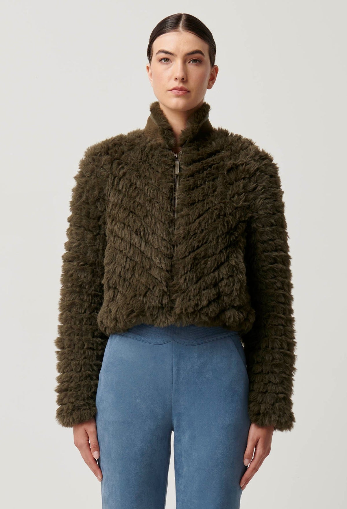 Once Was - Sybil Chevron Faux Fur Rib Collar Bomber