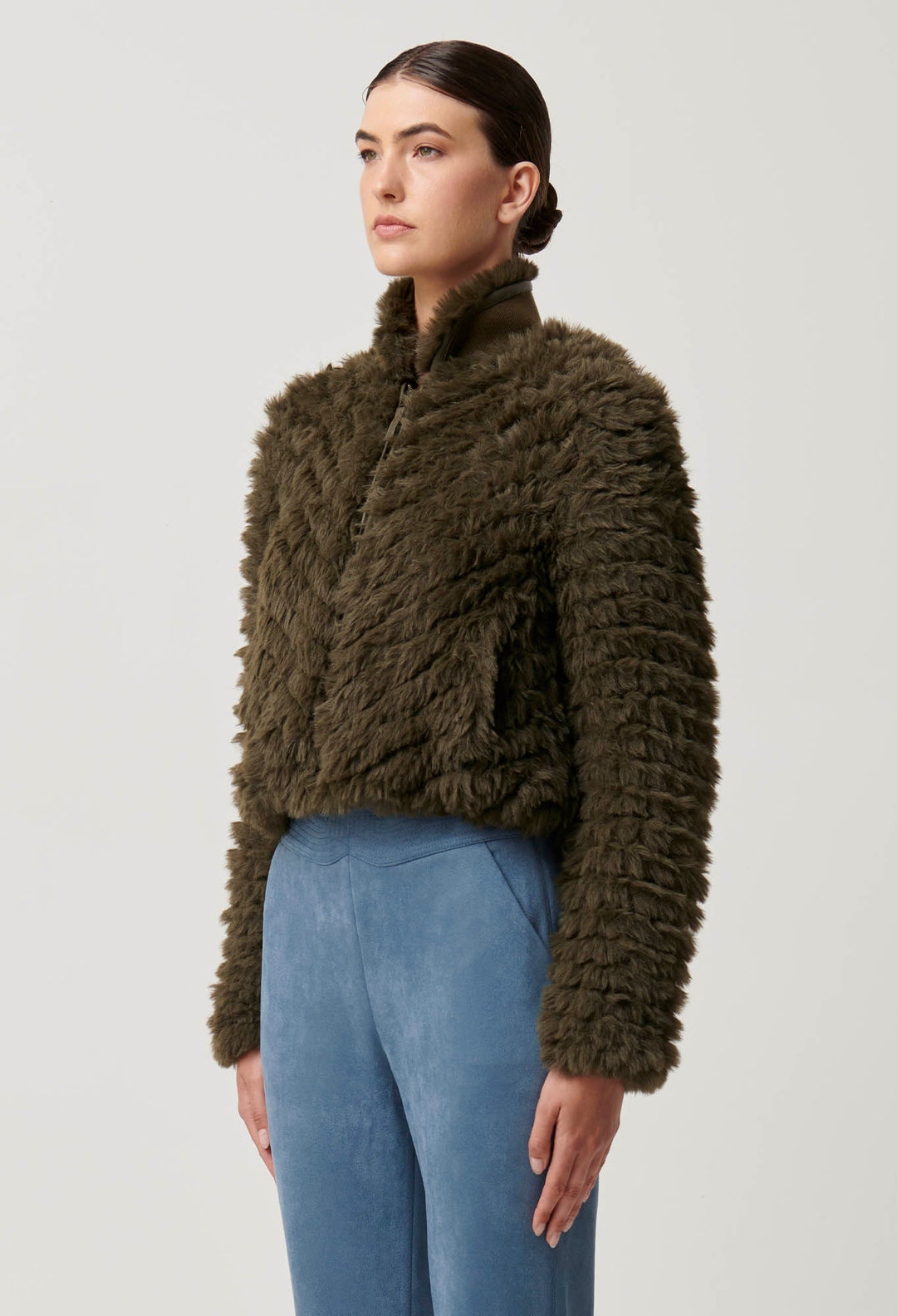 Once Was - Sybil Chevron Faux Fur Rib Collar Bomber