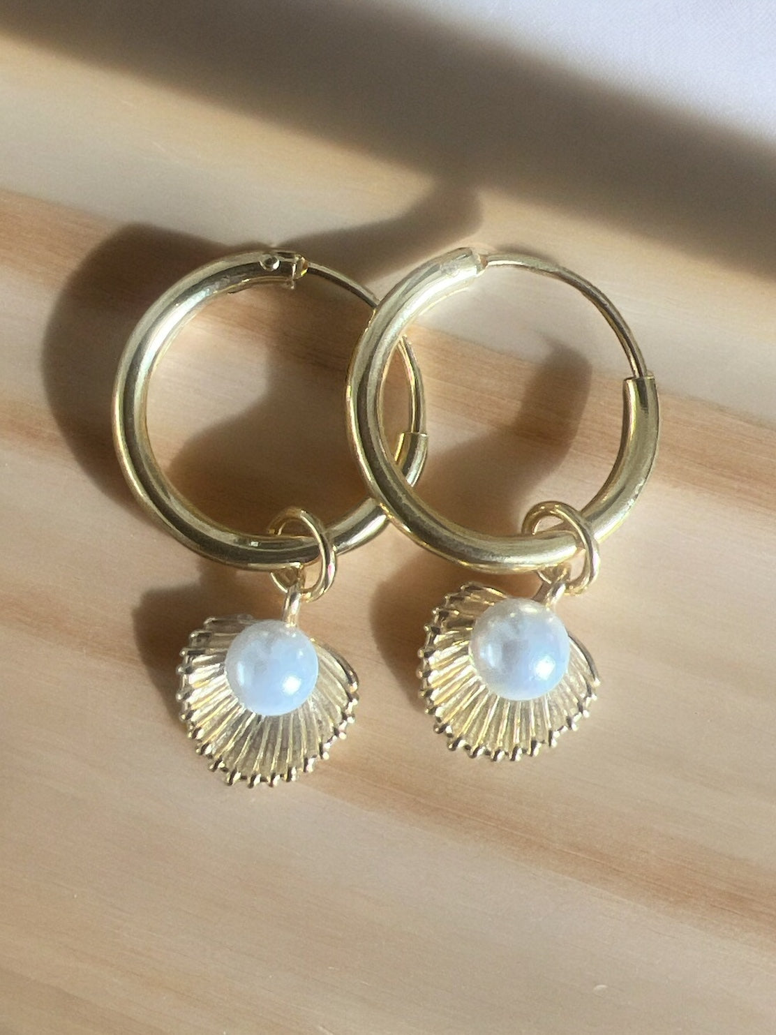 Pearl and Shell Gold Hoop Earrings