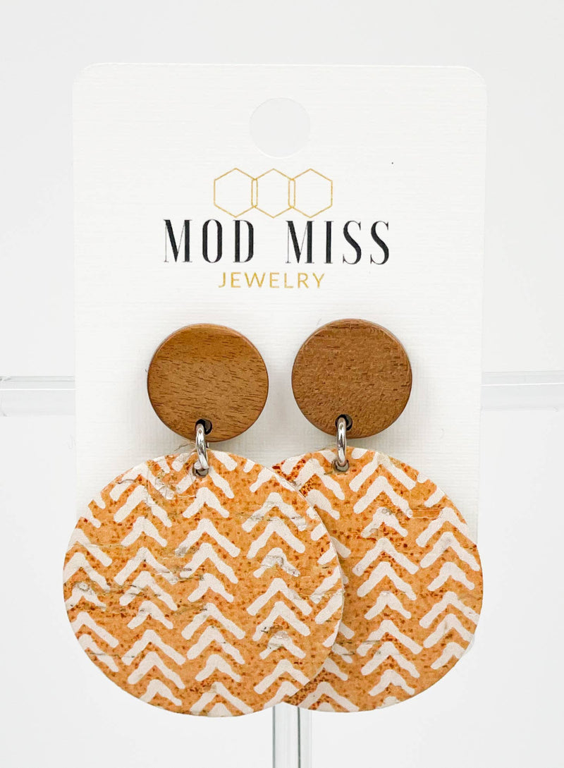 Mustard Chevron - Cork+Leather Round Earring