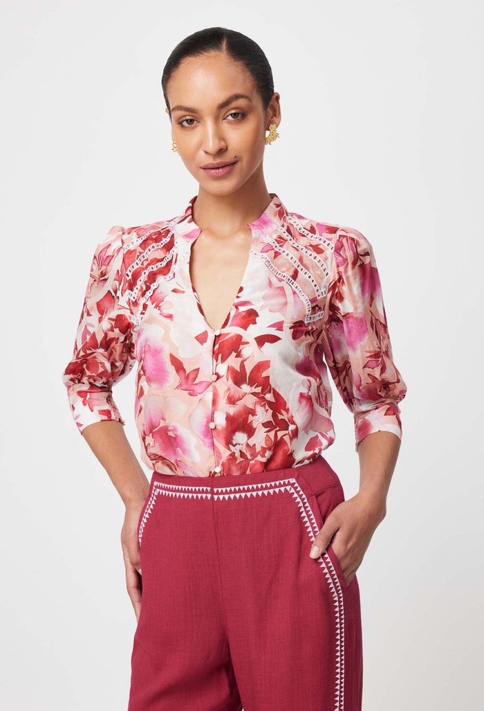 Once Was - Sanibel Embroidered Cotton Silk Top in Flamingo Flower